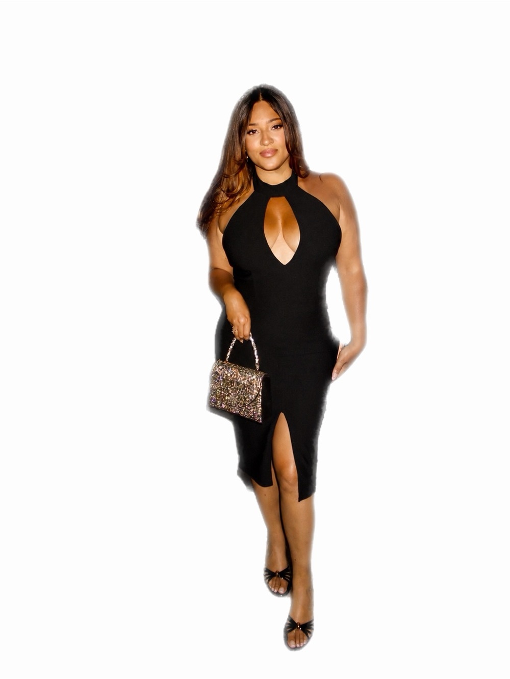 MISSGUIDED Black Keyhole Halter Midi Dress with Front Slit size L